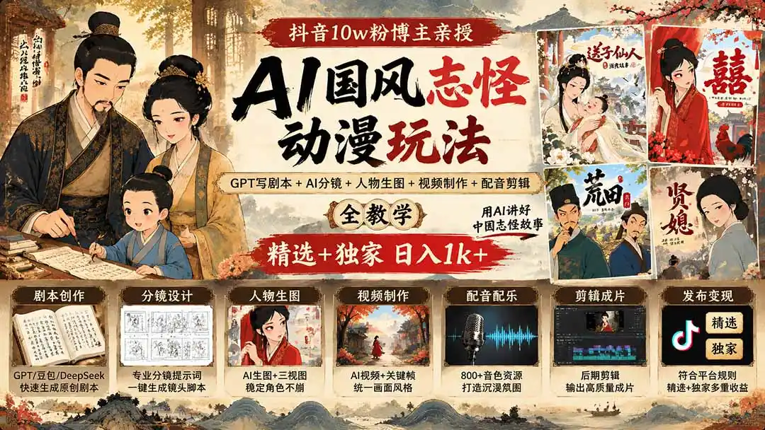 抖音10w粉博主亲授AI国风志怪动漫玩法｜GPT写剧本+AI分镜+人物生图+视频制作+配音剪辑全教学｜精选+独家日入1k+-副业淘金网