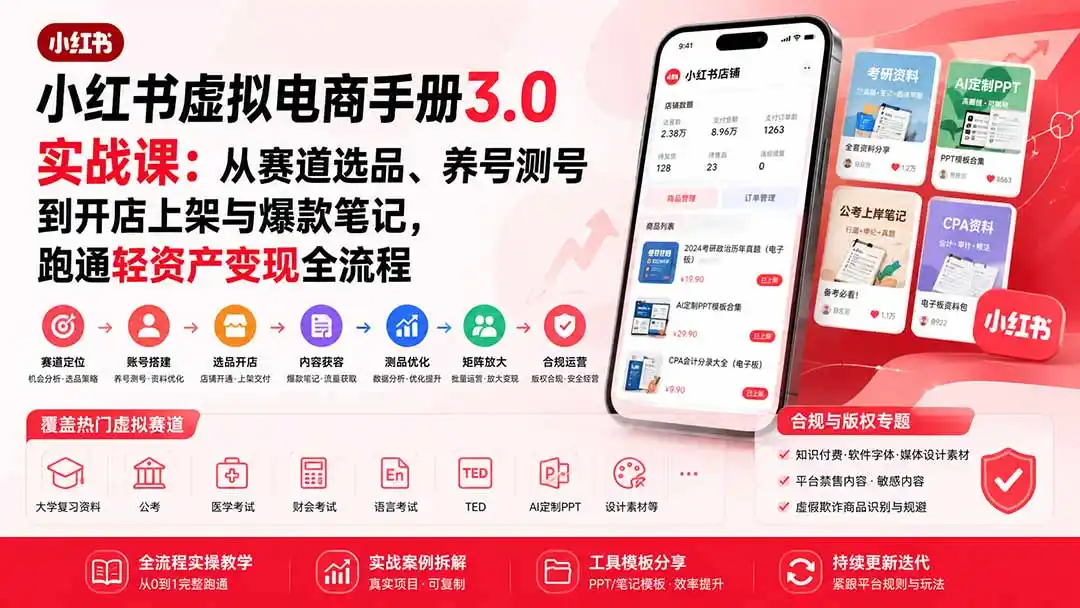小红书虚拟电商手册3.0实战课:从赛道选品、养号测号到开店上架与爆款笔记,跑通轻资产变现全流程-副业淘金网