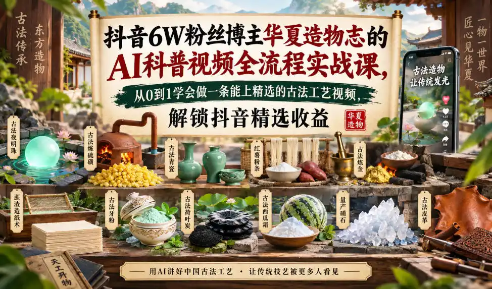抖音6W粉丝博主华夏造物志的AI科普视频全流程实战课，从0到1学会做一条能上精选的古法工艺视频，解锁抖音精选收益-副业淘金网