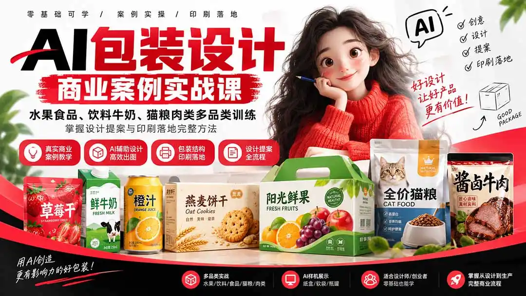 AI包装设计商业案例实战课：水果食品、饮料牛奶、猫粮肉类多品类训练，掌握设计提案与印刷落地完整方法-副业淘金网