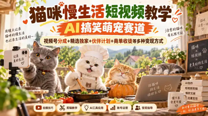 猫咪慢生活短视频教学，AI搞笑萌宠赛道，视频号分成+精选独家+伙伴计划+商单收徒等多种变现方式-副业淘金网