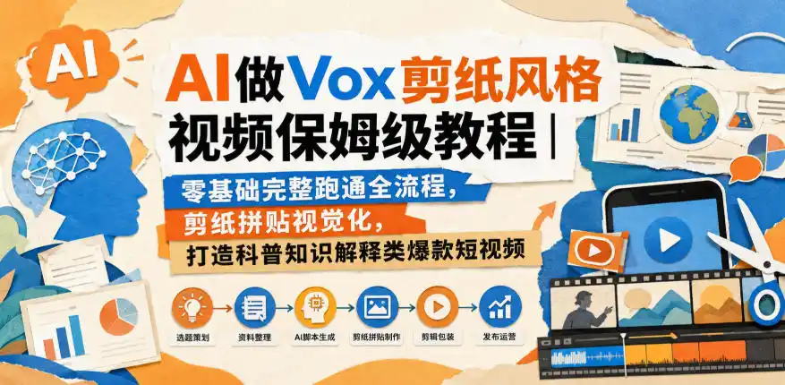 AI做Vox剪纸风格视频保姆级教程｜零基础完整跑通全流程，剪纸拼贴视觉化，打造科普知识解释类爆款短视频-副业淘金网