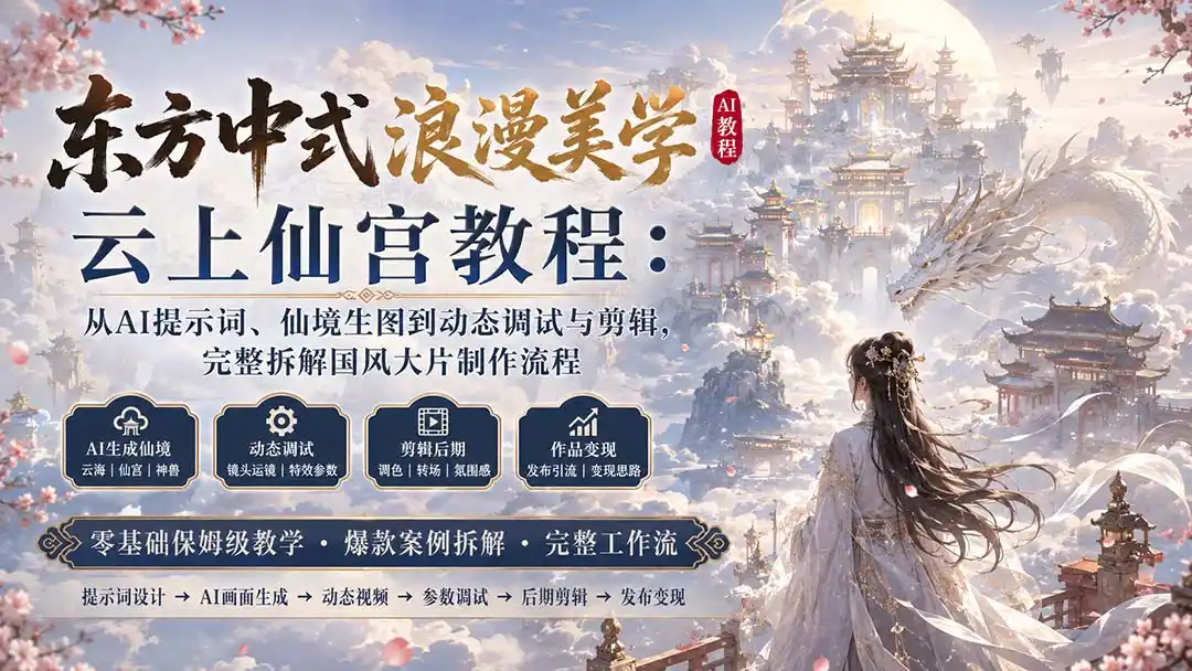 东方中式浪漫美学云上仙宫教程：从AI提示词、仙境生图到动态调试与剪辑，完整拆解国风大片制作流程-副业淘金网