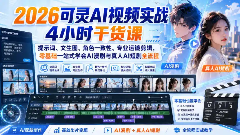 2026可灵AI视频实战4小时干货课｜提示词、文生图、角色一致性、专业运镜剪辑，零基础一站式学会AI漫剧与真人AI短剧全流程-副业淘金网