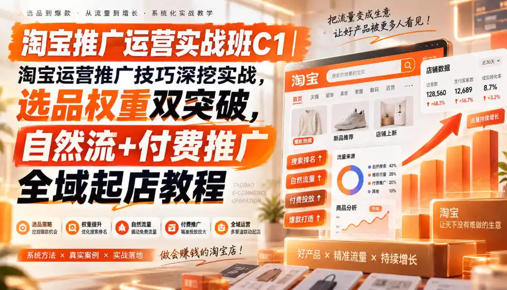 淘宝推广运营实战班C1｜淘宝运营推广技巧深挖实战，选品权重双突破，自然流+付费推广全域起店教程-副业淘金网