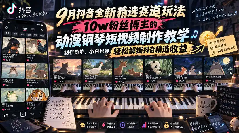 9月抖音全新精选赛道玩法，10w粉丝博主的动漫钢琴短视频制作教学，制作简单，小白也能轻松解锁抖音精选收益-副业淘金网