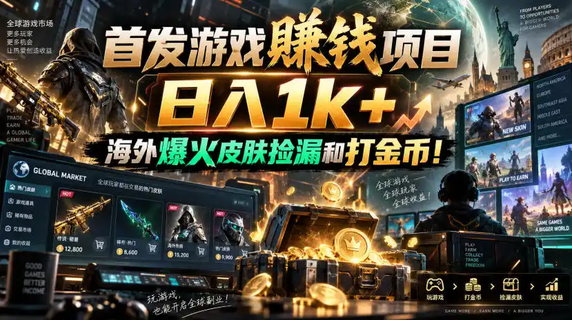 首发游戏賺钱项目，日入1k+，海外爆火皮肤捡漏和打金币！【揭秘】-副业淘金网
