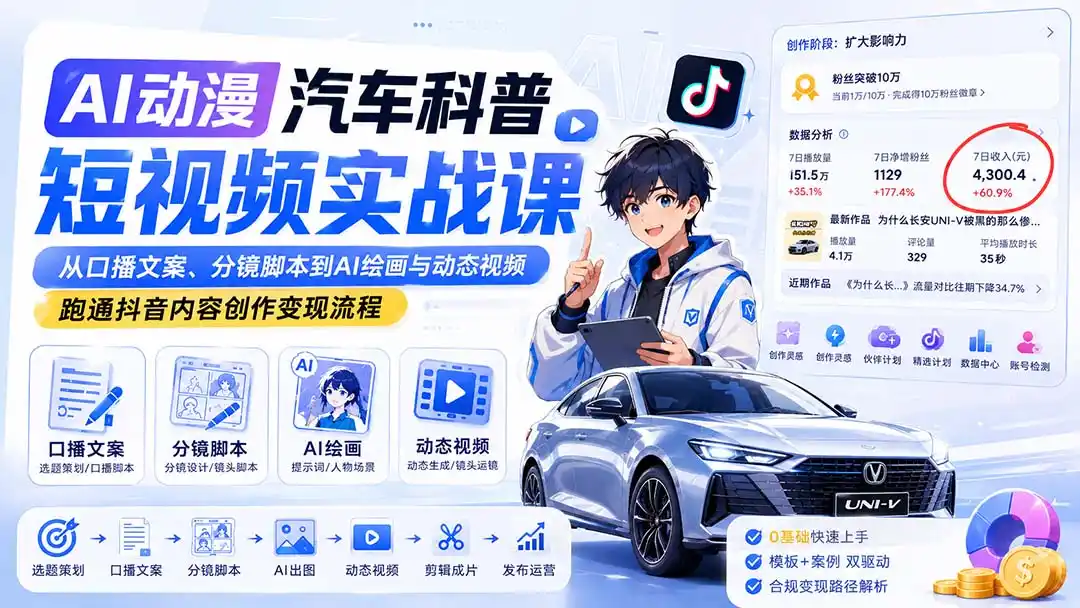 AI动漫汽车科普短视频实战课：从口播文案、分镜脚本到AI绘画与动态视频，跑通抖音内容创作变现流程-副业淘金网