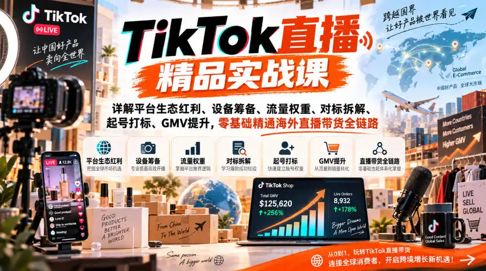 TikTok直播精品实战课，详解平台生态红利、设备筹备、流量权重、对标拆解、起号打标、GMV提升，零基础精通海外直播带货全链路-副业淘金网