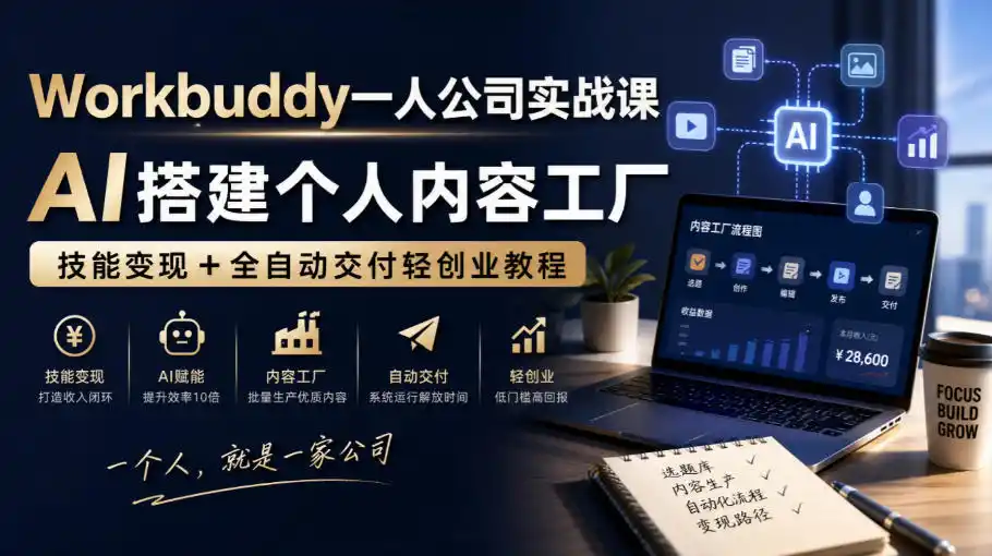 Workbuddy一人公司实战课，AI搭建个人内容工厂，技能变现+全自动交付轻创业教程-副业淘金网