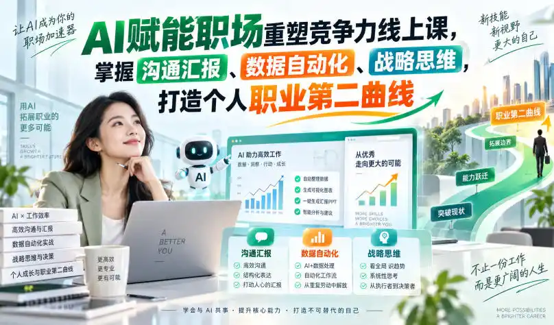 AI赋能职场重塑竞争力线上课，掌握沟通汇报、数据自动化、战略思维，打造个人职业第二曲线-副业淘金网