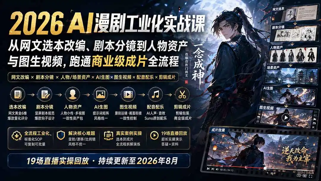 2026 AI漫剧工业化实战课-更新：从网文选本改编、剧本分镜到人物资产与图生视频，跑通商业级成片全流程-副业淘金网