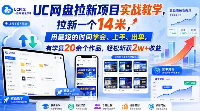 UC网盘拉新项目实战教学，拉新一个14米，用最短的时间学会、上手、出单，有学员20余个作品，轻松斩获2w+收益-副业淘金网