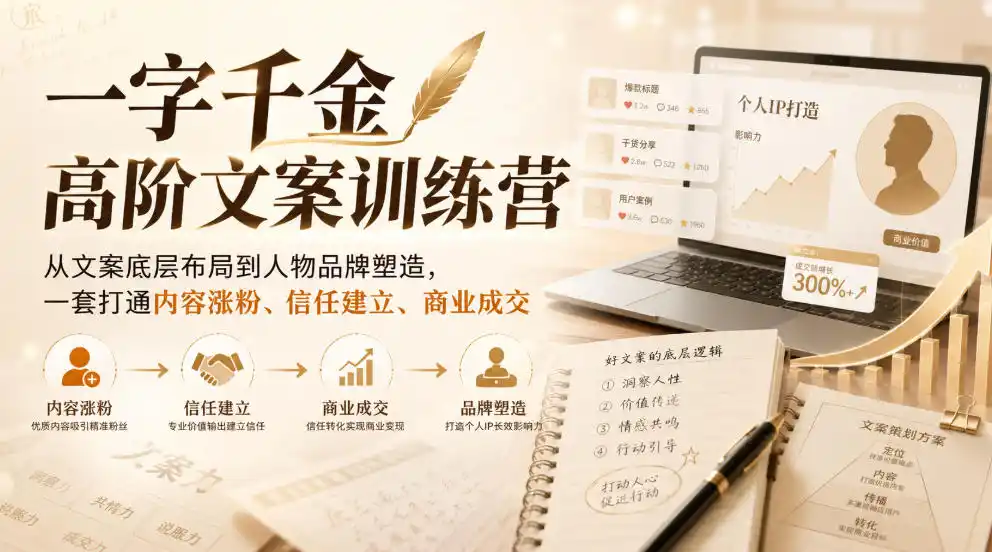 一字千金高阶文案训练营，从文案底层布局到人物品牌塑造，一套打通内容涨粉、信任建立、商业成交-副业淘金网