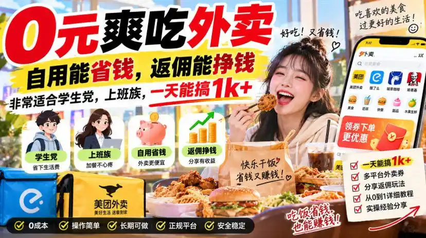 0元爽吃外卖，自用能省钱，返佣能挣钱，非常适合学生党，上班族，一天能搞1k+-副业淘金网