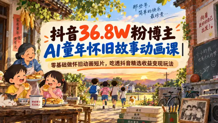 抖音36.8W粉博主AI童年怀旧故事动画课｜零基础做怀旧动画短片，吃透抖音精选收益变现玩法-副业淘金网