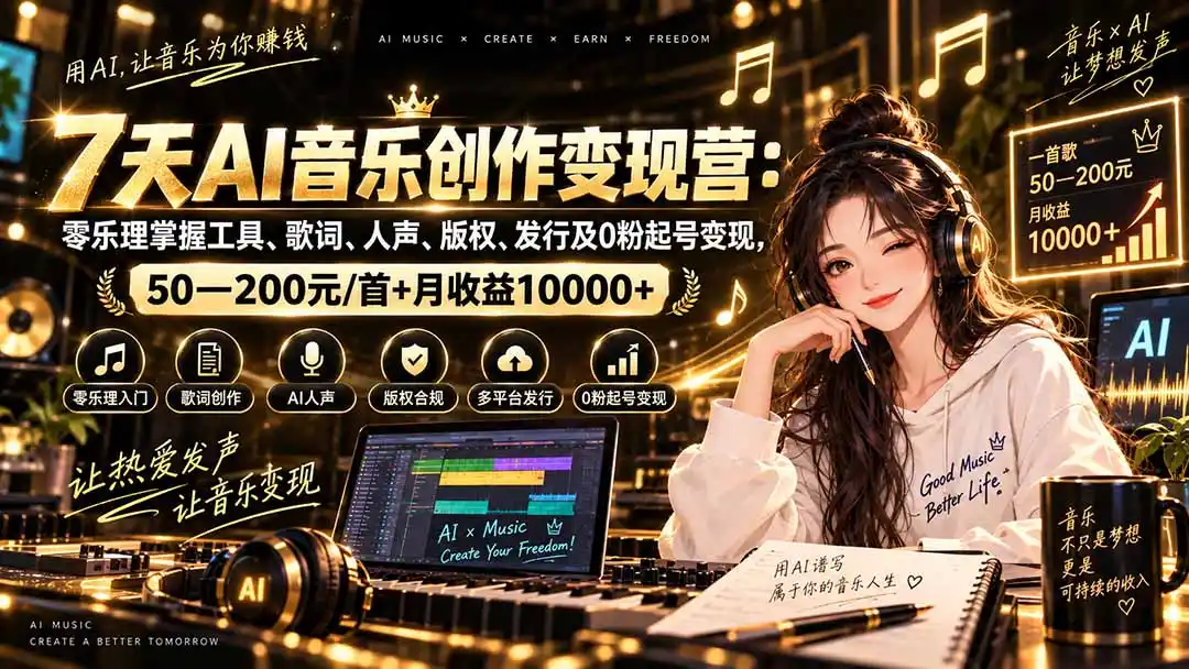 AI音乐创作变现营：零乐理掌握工具、歌词、人声、版权、发行及0粉起号变现，50—200元/首+月收益10000+-副业淘金网