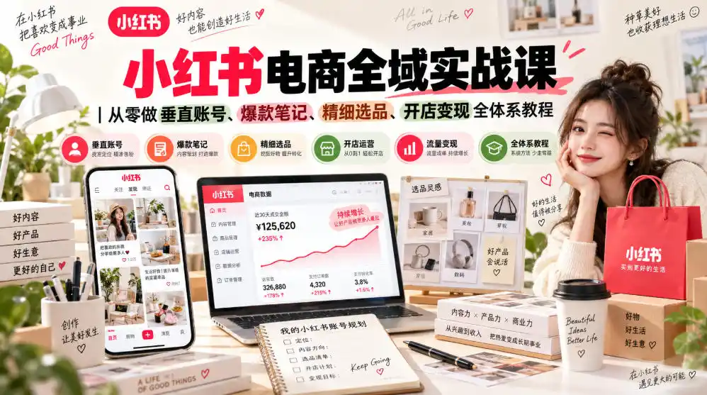 小红书电商全域实战课｜从零做垂直账号、爆款笔记、精细选品、开店变现全体系教程-副业淘金网
