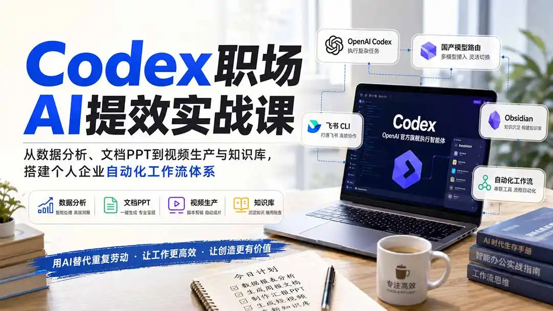 Codex职场AI提效实战课：从数据分析、文档PPT到视频生产与知识库，搭建个人企业自动化工作流体系-副业淘金网