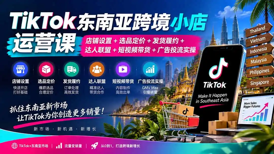 TikTok东南亚跨境小店运营课：店铺设置+选品定价+发货履约+达人联盟+短视频带货+广告投流实操-副业淘金网