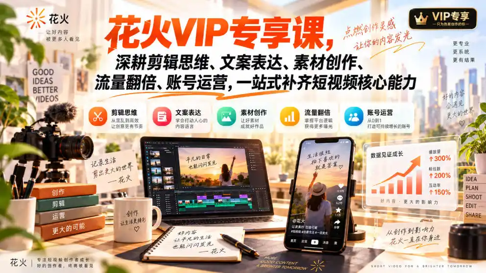 花火VIP专享课，深耕剪辑思维、文案表达、素材创作、流量翻倍、账号运营，一站式补齐短视频核心能力-副业淘金网