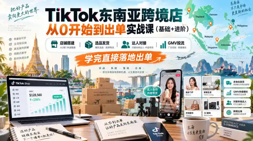 TikTok东南亚跨境店从0开始到出单实战课(基础+进阶)，店铺搭建、选品发货、达人对接、GMV投流，学完直接落地出单-副业淘金网
