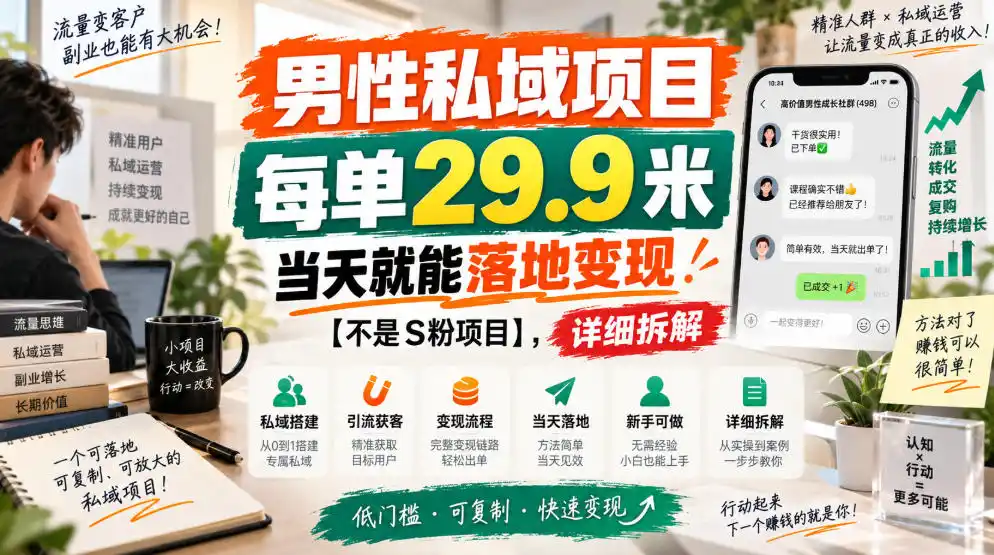 男性私域项目，每单29.9米，当天就能落地变现【不是S粉项目】，详细拆解-副业淘金网