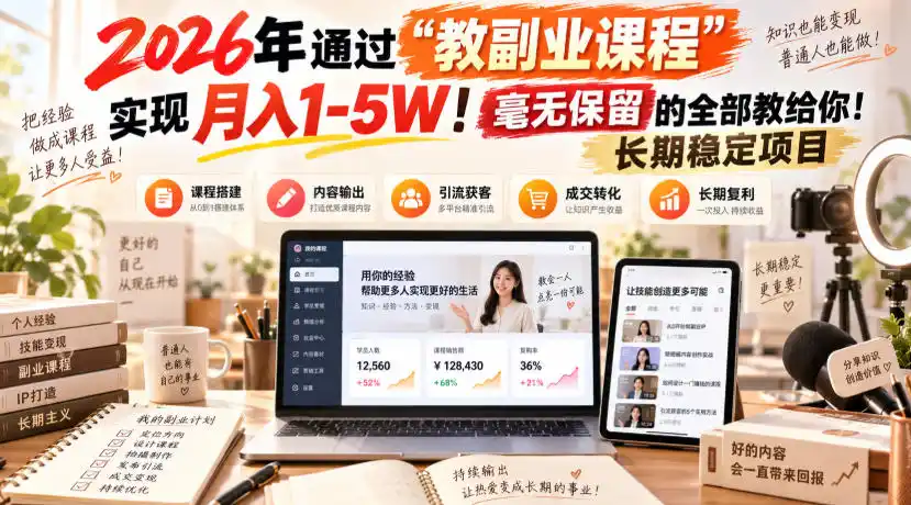 2026年通过“教副业课程”实现月入1-5W！毫无保留的全部教给你！长期稳定项目-副业淘金网
