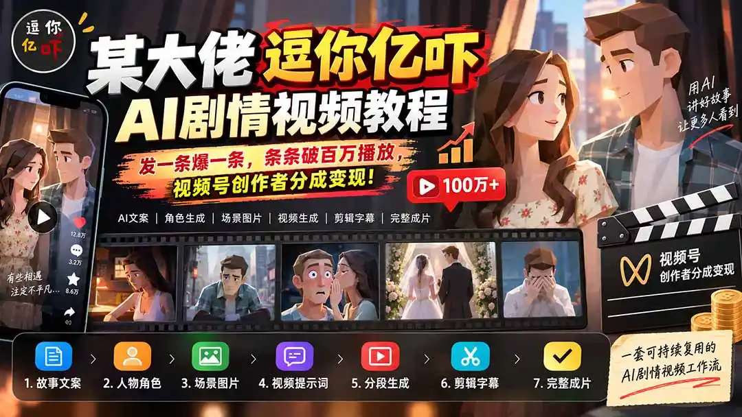 某大佬逗你亿吓AI低模剧情视频制作教程：发一条爆一条，条条破百万播放，利用视频号创作者分成变现!-副业淘金网