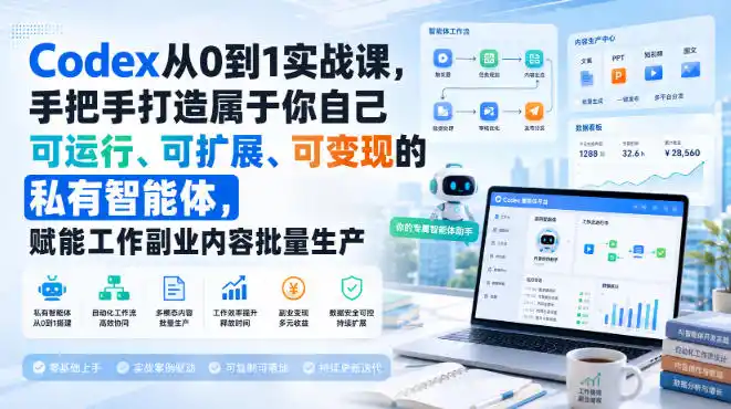 Codex从0到1实战课，手把手打造属于你自己可运行、可扩展、可变现的私有智能体，赋能工作副业内容批量生产-副业淘金网