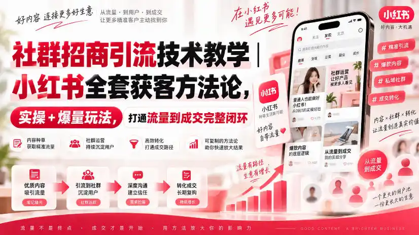 社群招商引流技术教学｜小红书全套获客方法论，实操+爆量玩法，打通流量到成交完整闭环-副业淘金网
