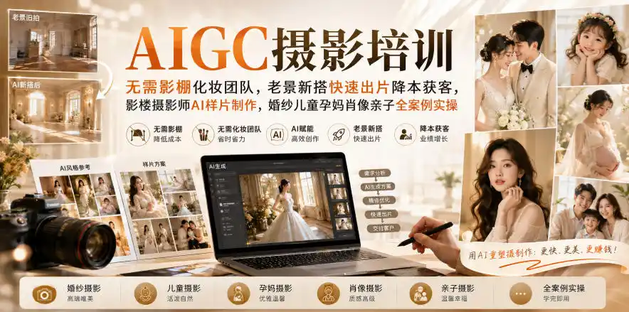 AIGC摄影培训｜无需影棚化妆团队，老景新搭快速出片降本获客，影楼摄影师AI样片制作，婚纱儿童孕妈肖像亲子全案例实操-副业淘金网