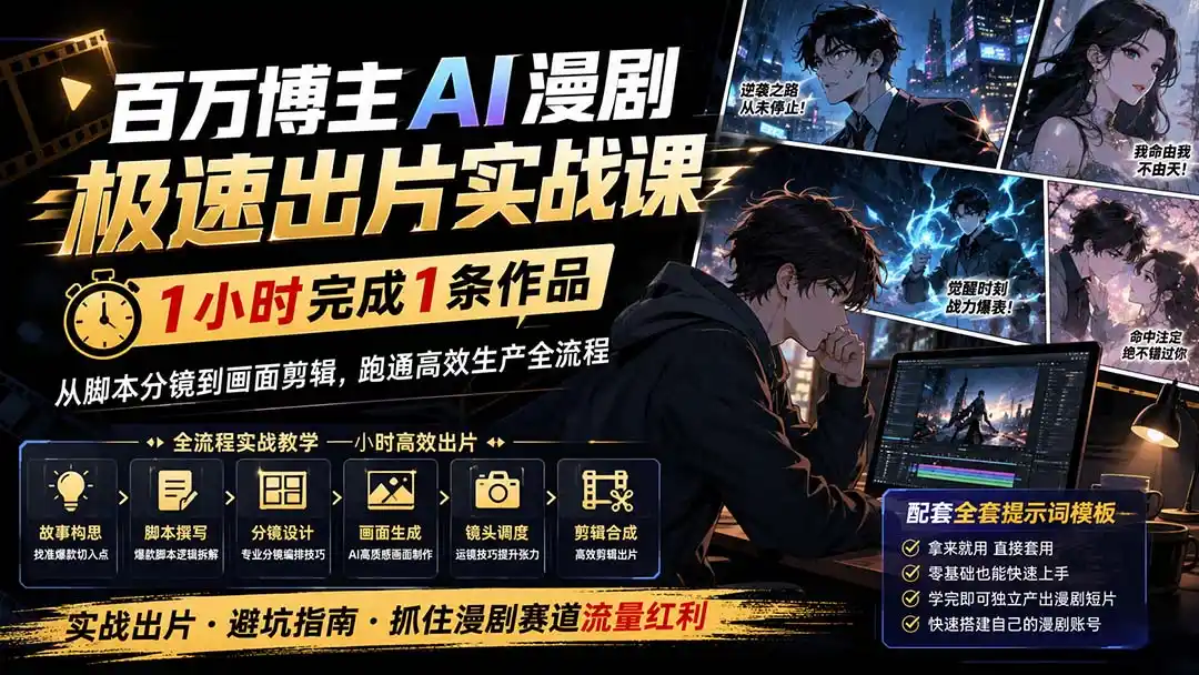 百万博主AI漫剧极速出片实战课：1小时产出条作品，从脚本分镜到画面剪辑，跑通高效生产全流程-副业淘金网
