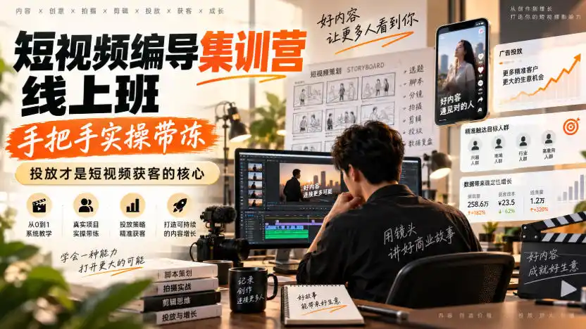 短视频编导集训营线上班，手把手实操带冻，投放才是短视频获客的核心-副业淘金网