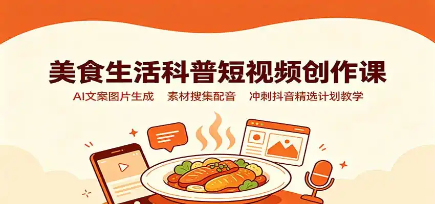 美食生活科普短视频创作课：AI文案图片生成，素材搜集配音，冲刺抖音精选计划教学-副业淘金网