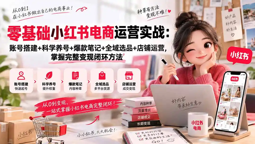 零基础小红书电商运营实战：账号搭建+科学养号+爆款笔记+全域选品+店铺运营，掌握完整变现闭环方法-副业淘金网