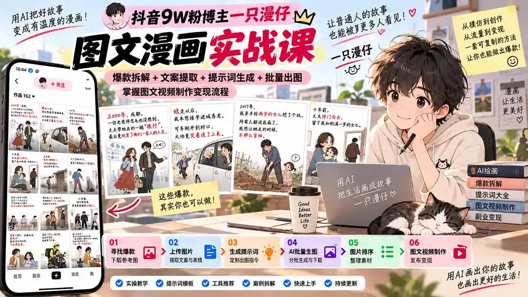 抖音9W粉博主一只漫仔图文漫画课：爆款拆解+文案提取+提示词生成+批量出图，掌握图文视频制作变现流程-副业淘金网
