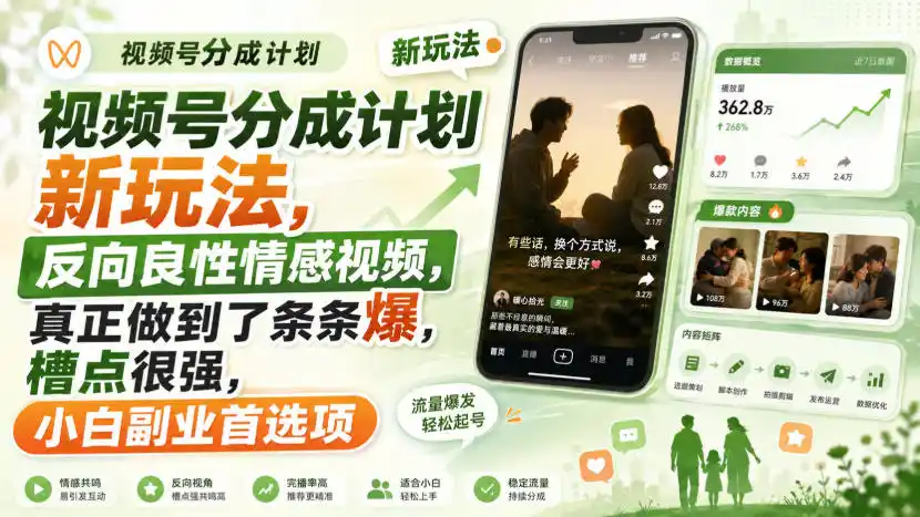 视频号分成计划新玩法，反向良性情感视频，真正做到了条条爆，槽点很强，小白副业首选项-副业淘金网