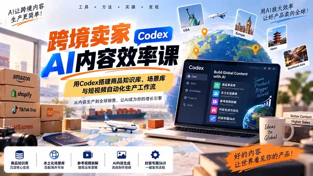 跨境卖家AI内容效率课：用Codex搭建商品知识库、场景库与短视频自动化生产工作流-副业淘金网