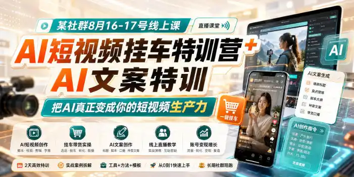 某社群8月16-17号线上课，AI短视频挂车特训营+AI文案特训，把AI真正变成你的短视频生产力-副业淘金网