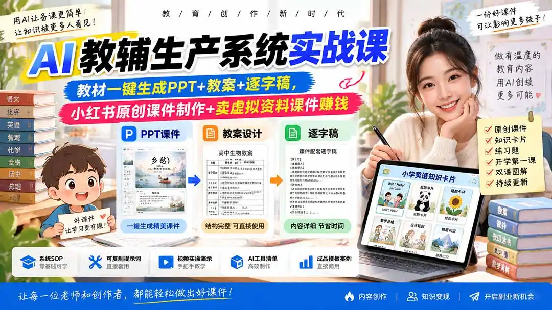AI教辅生产系统实战课｜教材一键生成PPT+教案+逐字稿，小红书原创课件制作+卖虚拟资料课件赚钱-副业淘金网