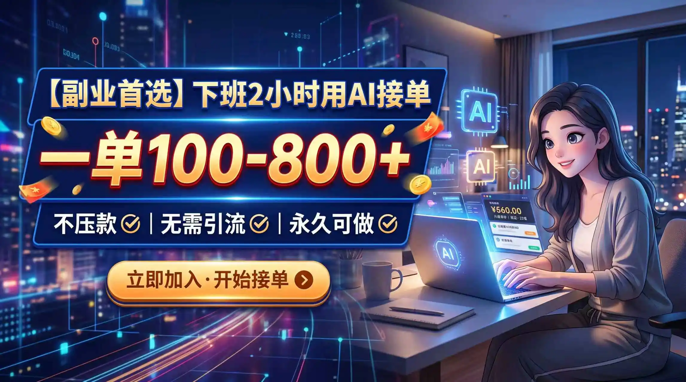 下班2小时用AI接单，一单100-800+，不压款，无需引流，永久可做-副业淘金网
