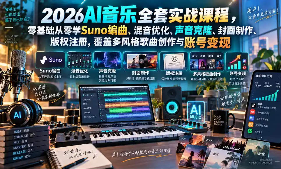 2026AI音乐实战课程，零基础从零学Suno编曲、混音优化、声音克隆、版权注册，覆盖多风格歌曲创作与账号变现-副业淘金网