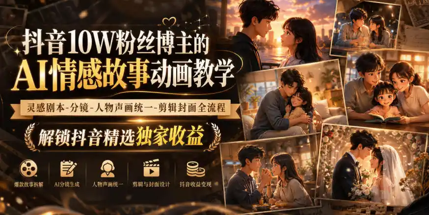 抖音10W粉丝博主的AI情感故事动画教学，灵感剧本‑分镜‑人物声画统一‑剪辑封面全流程，解锁抖音精选独家收益-副业淘金网