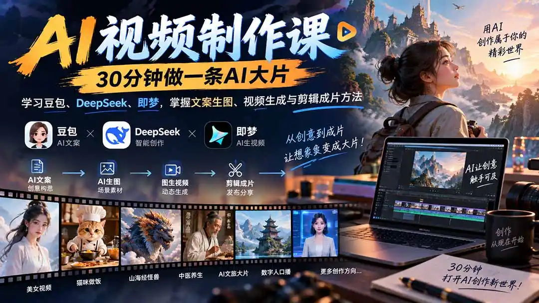 AI视频制作课-30分钟做一条AI大片：学习豆包、DeepSeek、即梦，掌握文案生图、视频生成与剪辑成片方法-副业淘金网