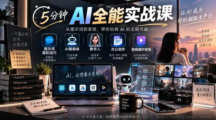 5分钟AI全能实战课｜提示词高阶技巧+AI智能体+数字人+办公创作+短视频IP变现全教程-副业淘金网