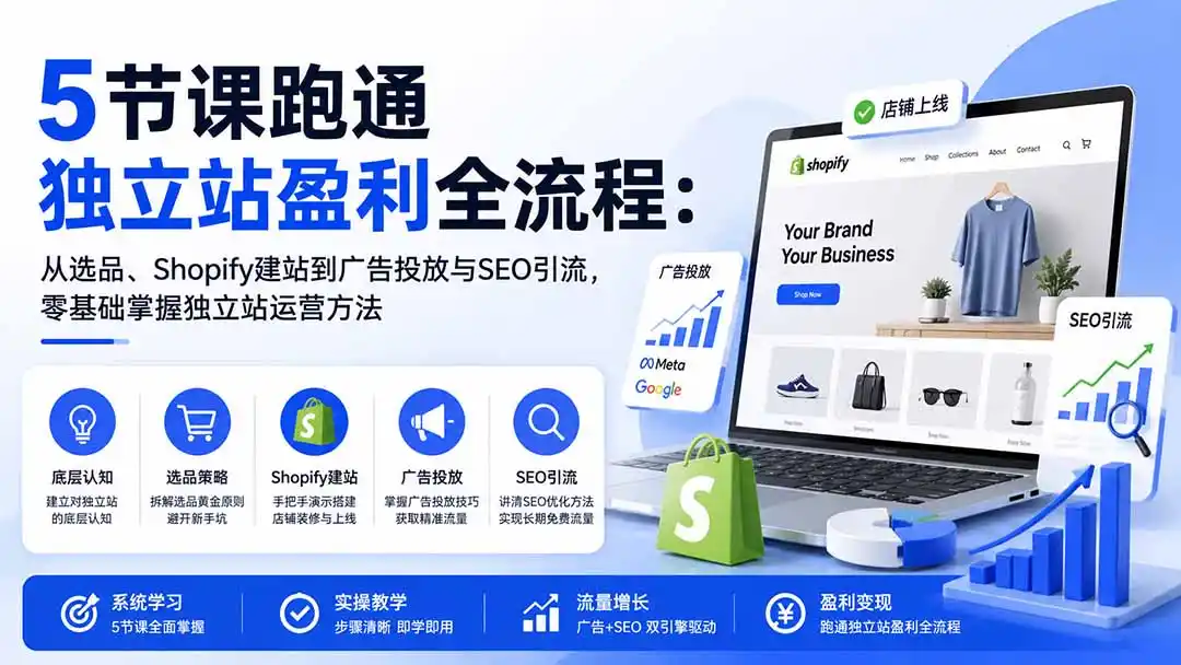 5节课跑通独立站盈利全流程：从选品、Shopify建站到广告投放与SEO引流，零基础掌握独立站运营方法-副业淘金网