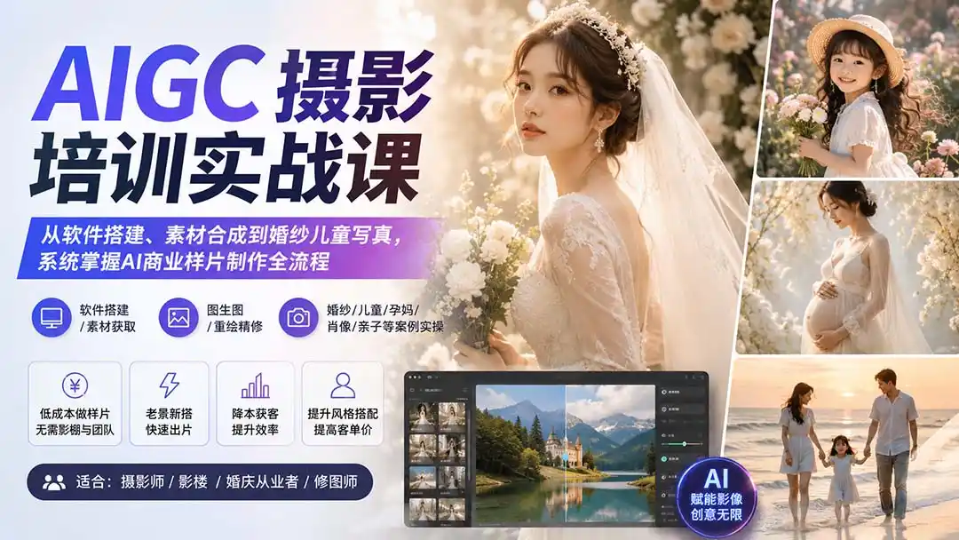 AIGC摄影培训实战课：从软件搭建、素材合成到婚纱儿童写真，系统掌握AI商业样片制作全流程-副业淘金网