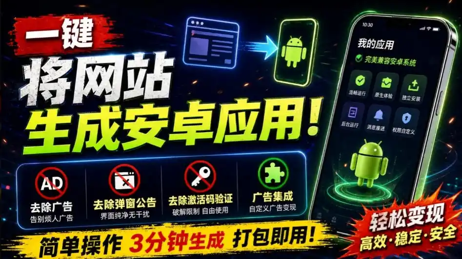 目前最好用，一键将网站生成安卓应用！支持去除广告、弹窗公告、激活码验证、广告集成等web-to-app-副业淘金网