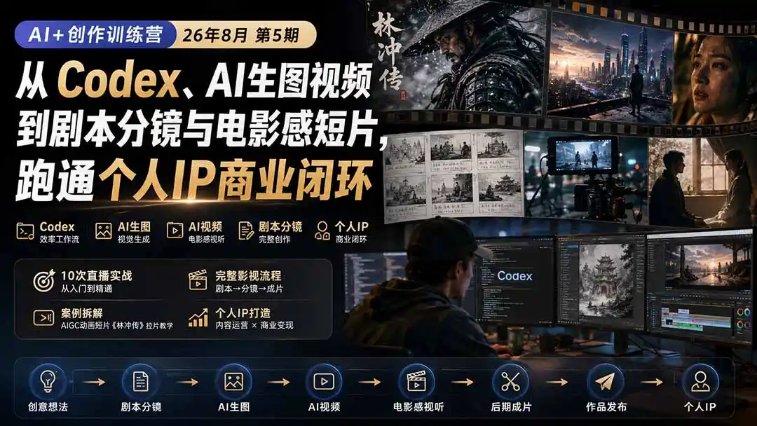 AI+创作训练营26年8月第5期：从Codex、AI生图视频到剧本分镜与电影感短片，跑通个人IP商业闭环-副业淘金网